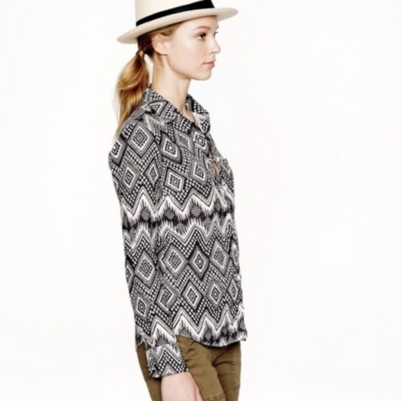NWT J.crew Linen "boy" Button Up Shirt Aztec Diamonds Ikat | Black & white sz 2 - Picture 3 of 16